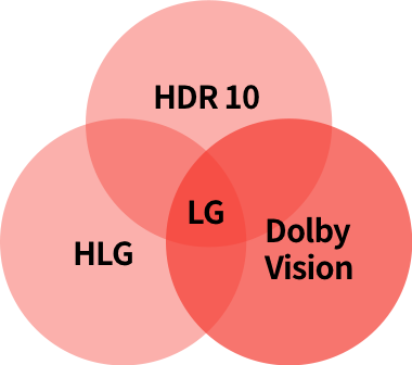 HDR 기술을 비교하는 베놈 다이어그램 이미지임. 빨간색 원 세 개가 겹쳐 있으며, 각각 HDR 10, HLG, Dolby Vision이 적혀 있음. 중앙 겹치는 부분에 LG가 표시되어 있음.