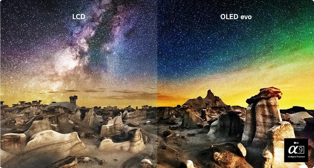 LCD와 OLED evo의 화질 비교 이미지임. 왼쪽 LCD 화면은 밝기가 상대적으로 낮고 색감이 덜 선명함. 오른쪽 OLED evo 화면은 더 깊은 검정과 선명한 색감을 보여줌. 배경에는 밤하늘과 암석 지형이 있음. α9 인공지능 프로세서 로고 있음.