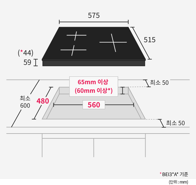 LG 인덕션의 설치가이드를 나타낸 도면으로, 제품의 크기와 설치를 위한 최소 요구 공간이 상세히 표시됨.