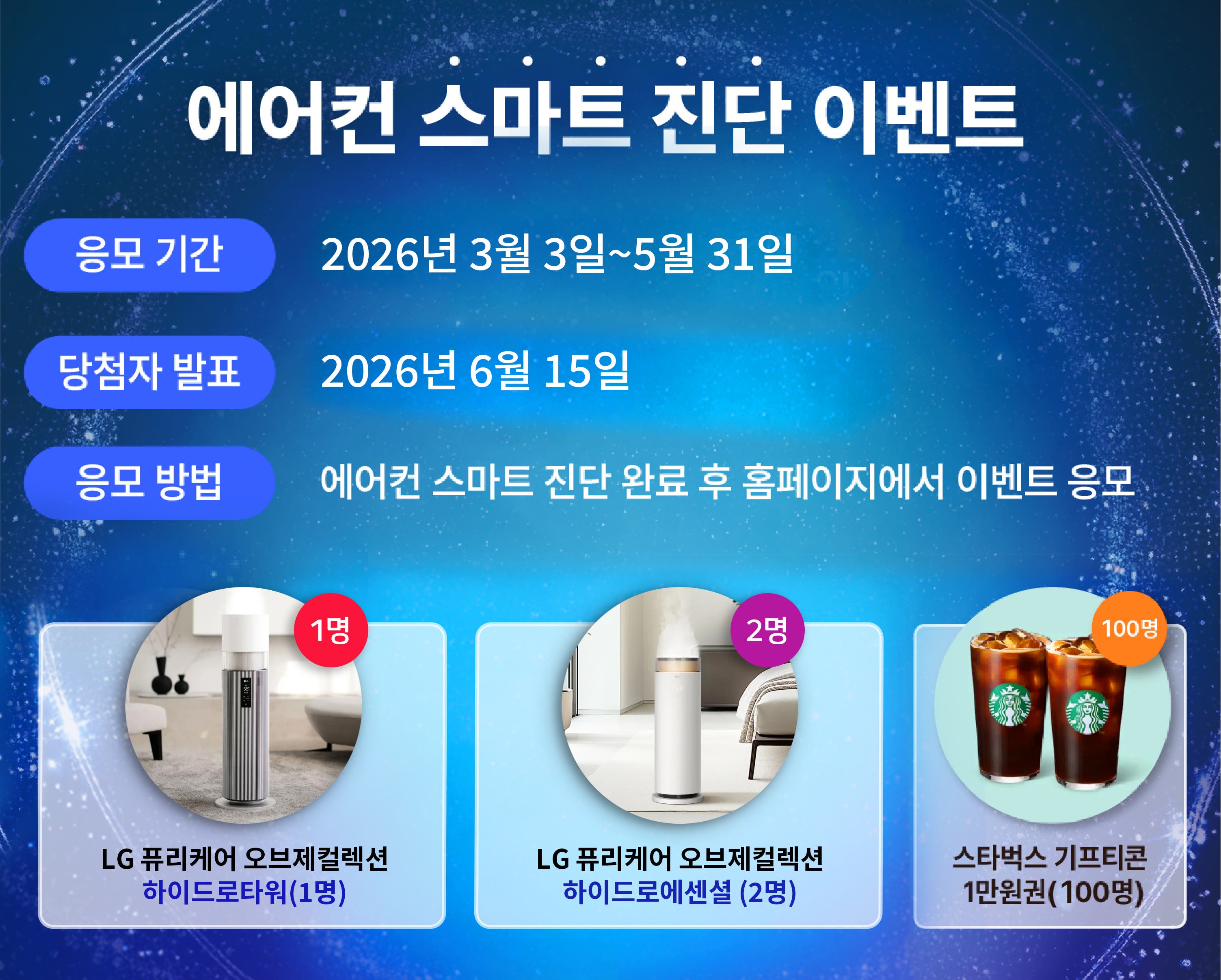 에어컨 스마트 진단 이벤트 응모기간:2026년3월3일~5월31일 당첨자발표:2026년6월15일 응모방법:에어컨 스마트 진단 완료 후 홈페이지에서 이벤트 응모 lg퓨리케어 오브제컬렉션 하이드로타워1명, lg퓨리케어 오브제컬렉션 하이드로에센셜2명, 스타벅스 기프티곤1만원권(100명)