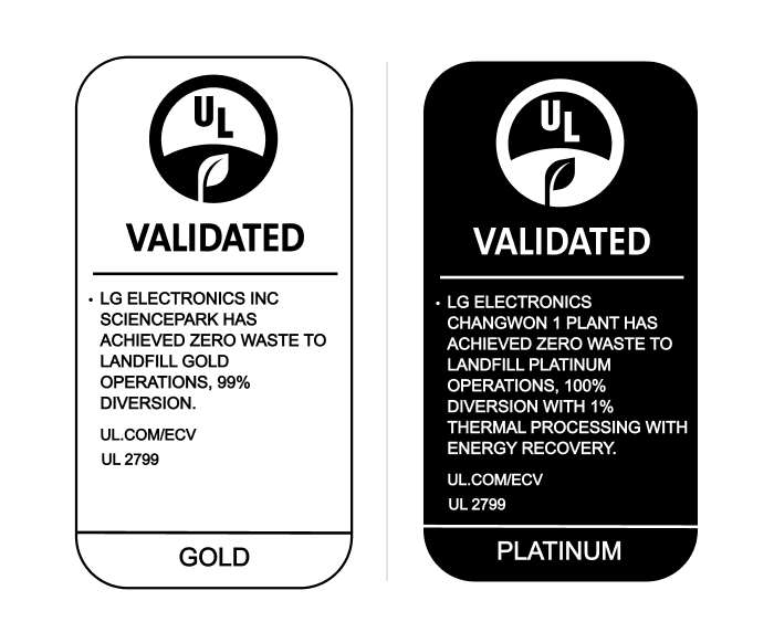 UL VALIDATED 인증 마크 2종 이미지입니다. 왼쪽은 GOLD 등급으로, LG ELECTRONICS INC SCIENCEPARK HAS ACHIEVED ZERO WASTE TO LANDFILL GOLD OPERATIONS, 99% DIVERSION. UL.COM/ECV UL 2799 텍스트가 표시되어 있습니다. 오른쪽은 PLATINUM 등급으로, LG ELECTRONICS CHANGWON 1 PLANT HAS ACHIEVED ZERO WASTE TO LANDFILL PLATINUM OPERATIONS, 100% DIVERSION WITH 1% THERMAL PROCESSING WITH ENERGY RECOVERY. UL.COM/ECV UL 2799 텍스트가 표시되어 있습니다.