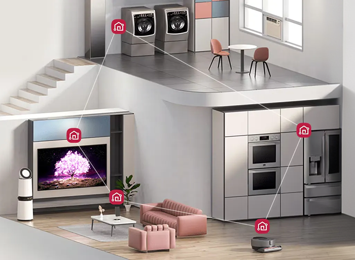 거실, 주방, 침실 공간에 TV, 오븐, 냉장고, 공기청정기, 로봇청소기 등 여러 가전이 배치되어 있고, 하나의 시스템으로 연결되어 집 안의 에너지 사용을 통합 관리하는 스마트 홈 환경을 보여주는 장면