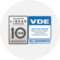 INVERTER LINEAR COMPRESSOR 10 YEAR WARRANTY 인증 마크. VDE Life time tested, Direct Drive Motor, 4,400 cycles (20-years life time), ID. 40036915, Tested by VDE Germany 인증 마크