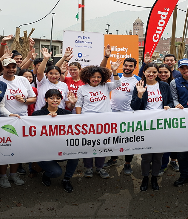 LG 앰배서더들이 ‘LG Ambassador Challenge’ 현수막을 들고 함께 손을 흔들며 기념촬영하는 모습.