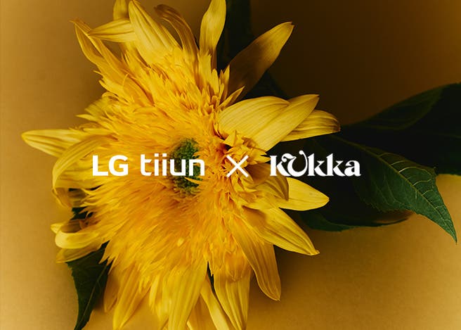노란 배경에 노란 꽃이 있고, LG tiium x kukka 흰색 로고가  있는 모습