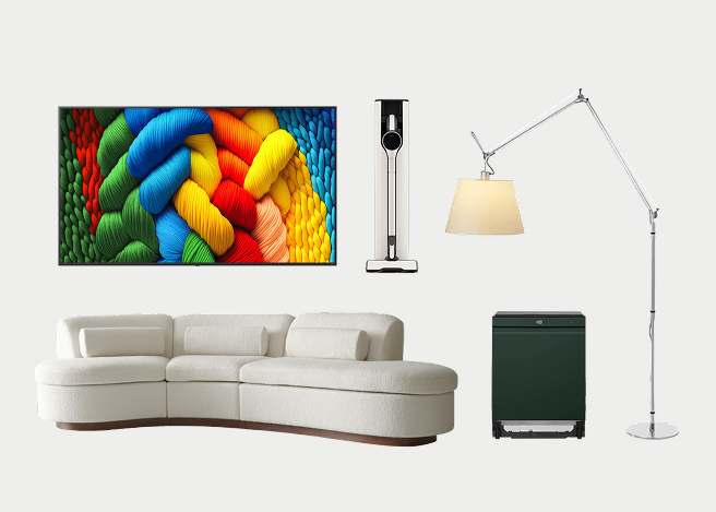 화이트 배경에 LG 나노셀 TV, 코드제로 A9, 곡선 소파, 식기세척기, 톨로메오 조명이 배치되어 있습니다.