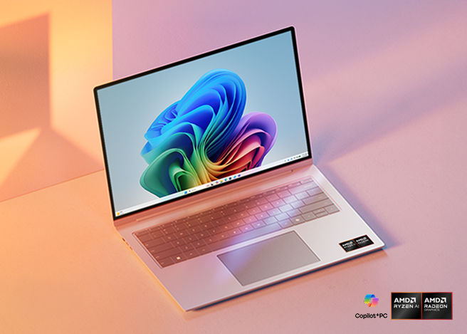 우측 하단에 Copilot+PC 및 AMD Ryzen AI, Radeon Graphics 로고가 있으며, 화사한 핑크빛 배경에 LG 그램 노트북의 전면 배치된 모습
