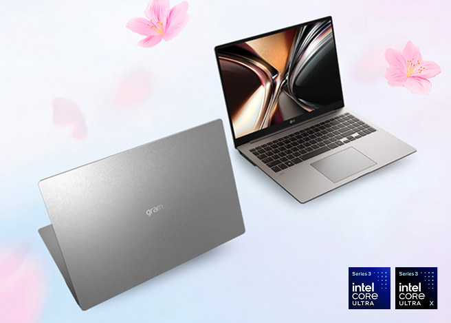 상단에 intel CORE ULTRA 로고가 있으며, 벚꽃 잎이 흩날리는 연보라색 배경에 LG 그램 노트북의 전면과 후면이 나란히 배치된 모습