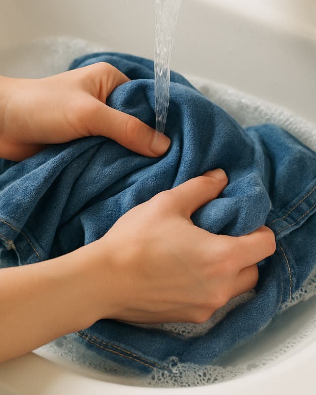 세면대에서 흐르는 물로 파란색 천을 손으로 빨아 헹구고 있는 모습