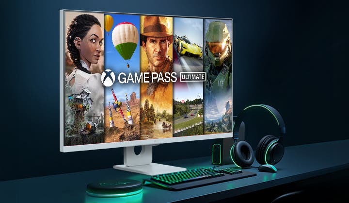 모니터 화면에는 레이싱, 액션, FPS 등 다양한 게임 캐릭터와 장면들이 5개의 분할 화면으로 화려하게 표현되어 있습니다. 책상 위에는 화려한 RGB 조명이 들어오는 게이밍 키보드, 마우스, 헤드셋이 놓여 있어 몰입감 넘치는 게이밍 환경을 보여줍니다.