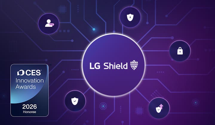 중앙의 LG Shield 아이콘을 중심으로 사용자 인증, 보안 설정, 네트워크 연결 등을 상징하는 다양한 아이콘들이 유기적으로 연결되어 빛나고 있습니다. 좌측 하단에는 신뢰성을 입증하는 'CES 2026 혁신상(Innovation Awards)' 로고가 배치되어 있어 강력한 보안 성능을 강조합니다.